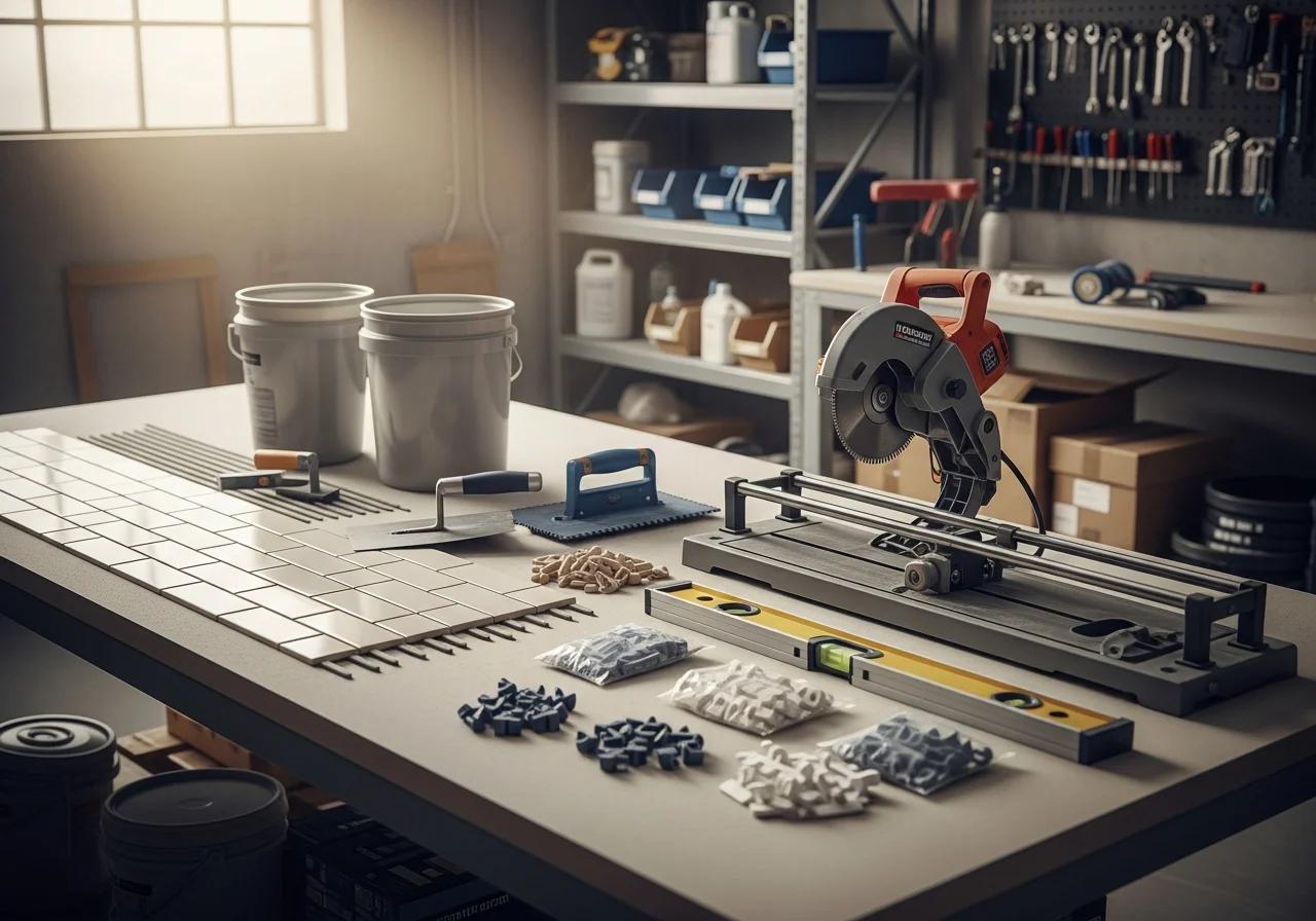 Professional remodeling tools and materials arranged on a clean work surface, showcasing tile, grout, and installation equipment ready for bathroom and kitchen projects.