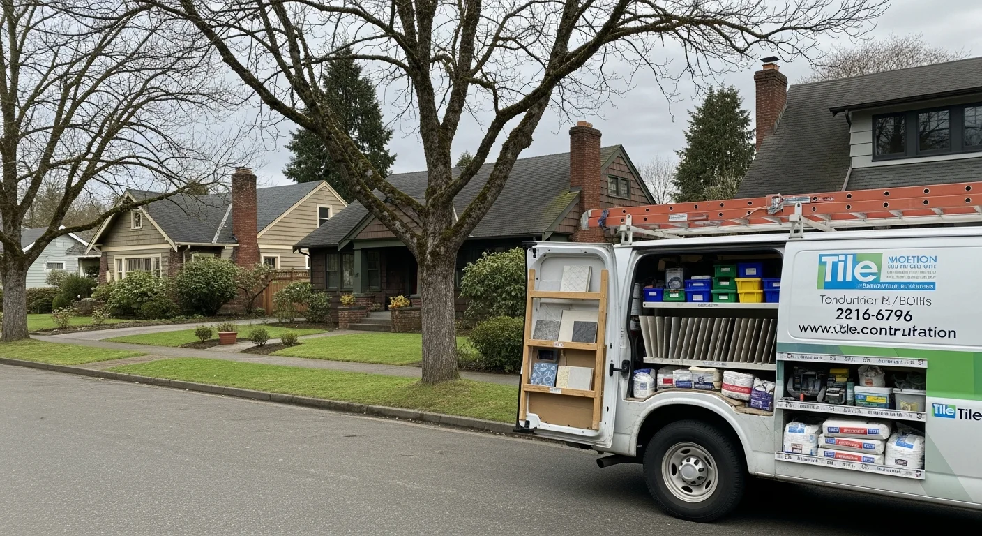 Residential street in Tacoma with mature trees and well-maintained homes typical of the city's established neighborhoods.