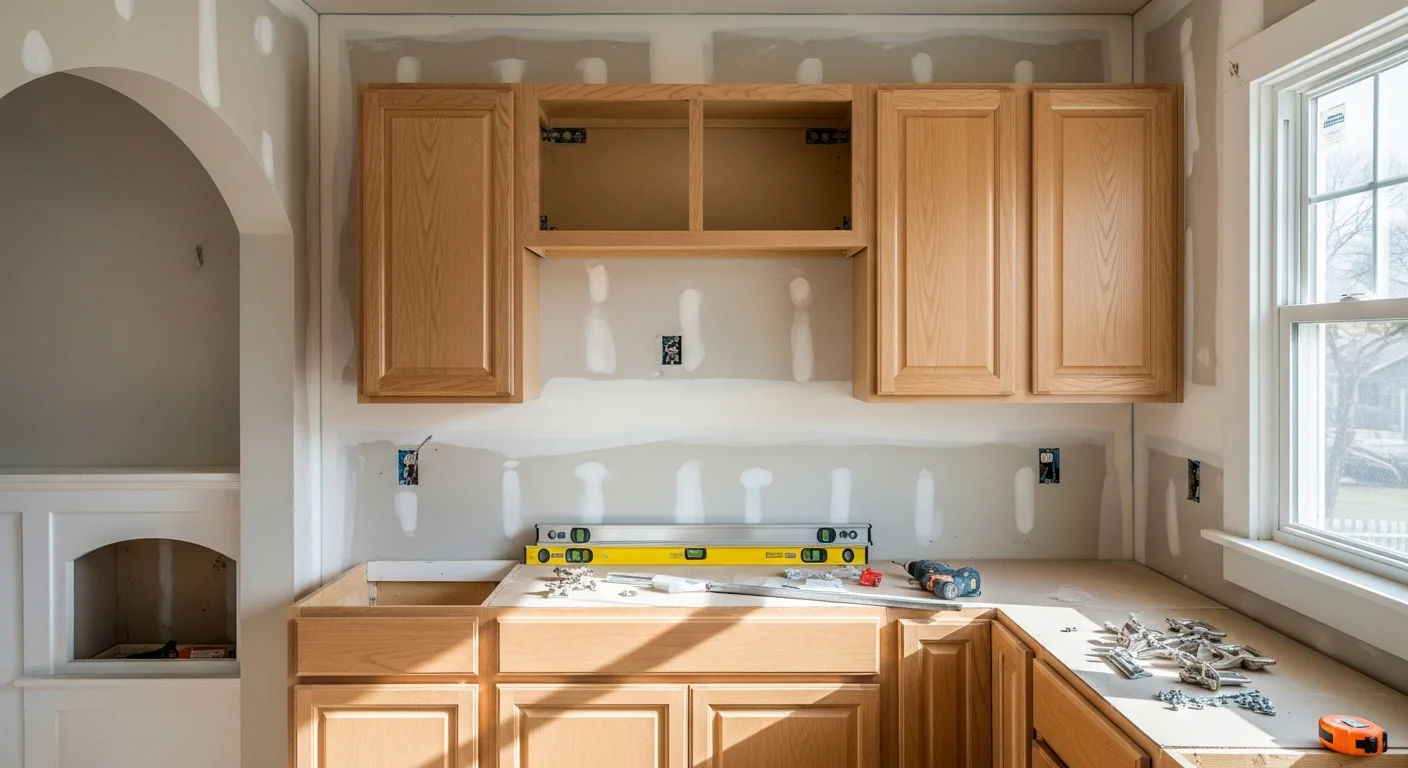 Newly installed wood-finish kitchen cabinets in a Tacoma home, with upper and lower runs aligned and hardware in place. The kitchen shows a clean layout with level doors and visible wall prep work completed behind the cabinet boxes.