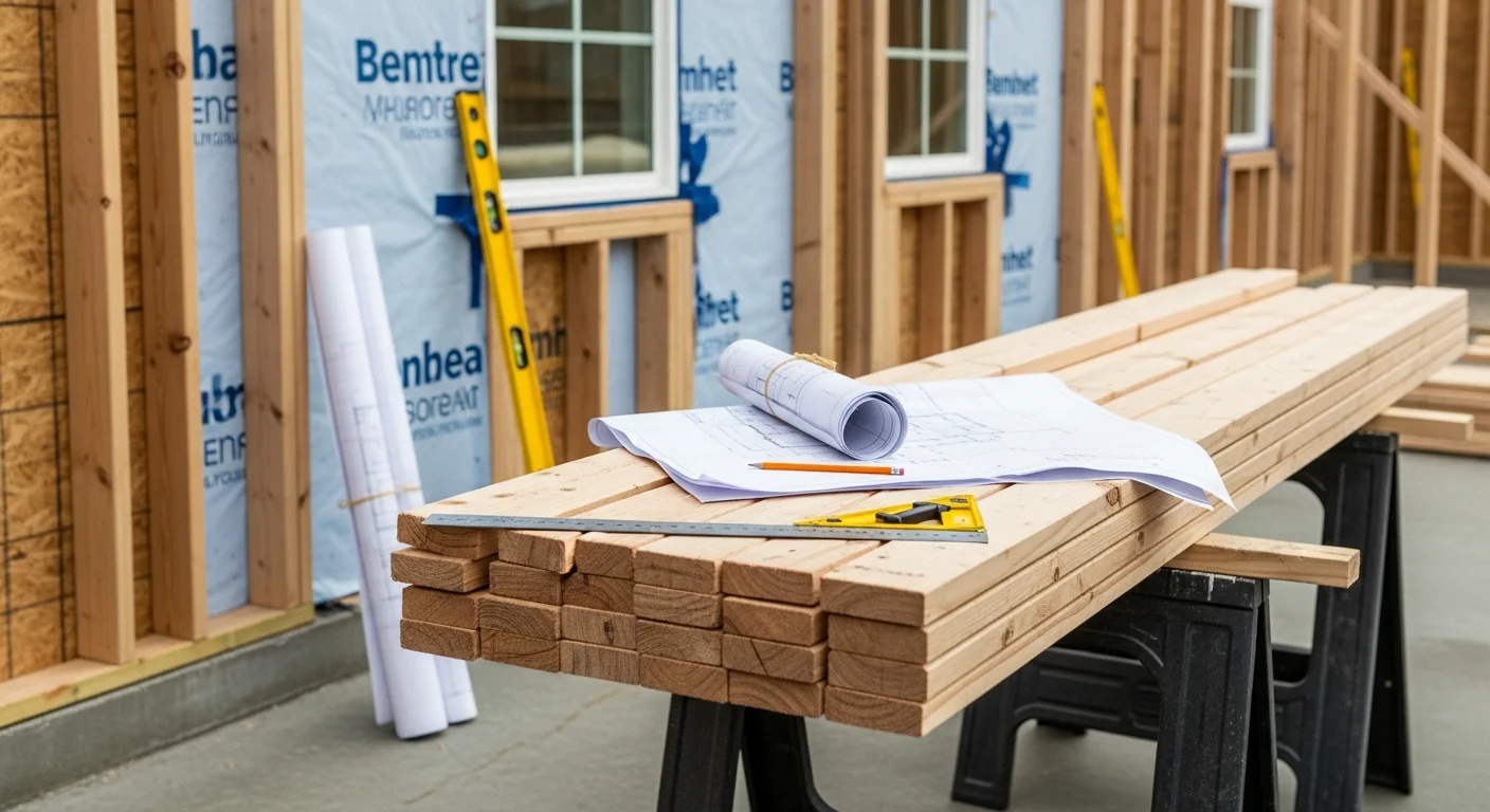 Exposed wood wall framing on a residential addition project in Tacoma, Washington, showing platform-framed exterior walls with window and door rough openings. A general contractor reviews structural layout against architectural plans on site.