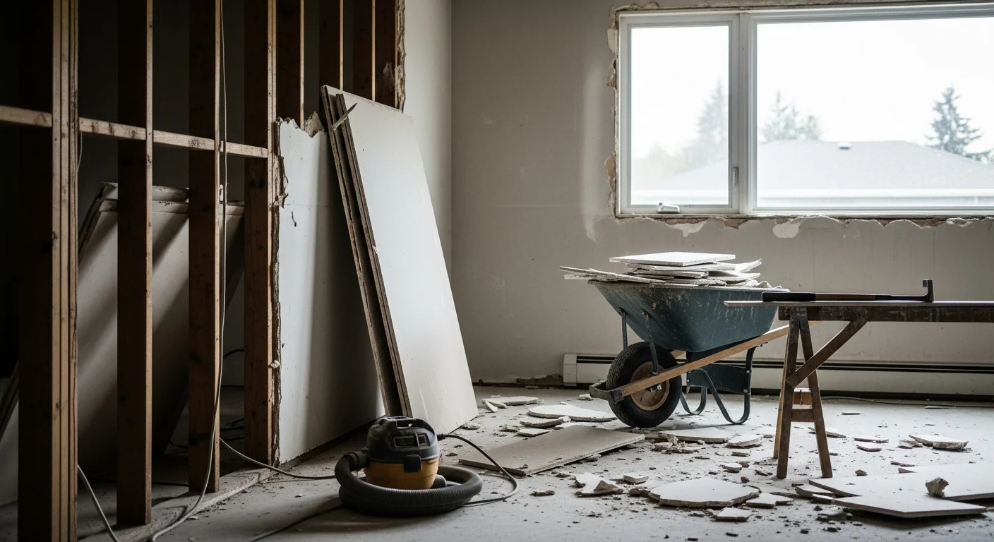 Interior demolition in progress inside a Tacoma home, with drywall removed from walls and debris cleared from the floor. The exposed framing shows a clean, open space ready for new drywall and tile installation.