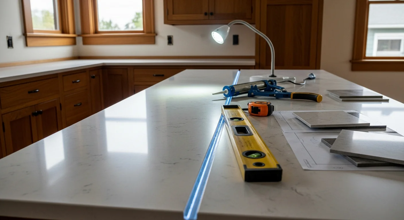 Newly installed kitchen countertop with clean edge finishing and tight seam work in a Tacoma home. The updated surface runs along repainted cabinets in a compact kitchen typical of the city's older residential neighborhoods.