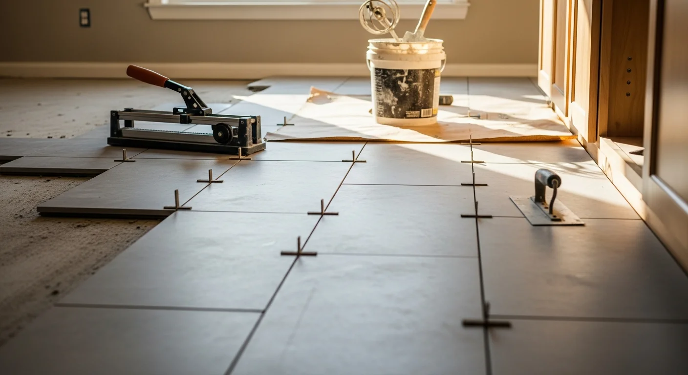 Newly installed moisture-resistant tile kitchen floor in a Tacoma home, showing clean grout lines and a smooth surface extending from the kitchen island to the base cabinets. The finished floor reflects natural light coming through a window above the sink area.