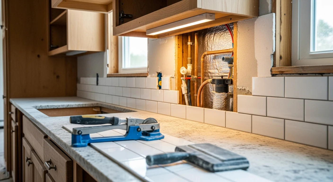 A remodeled kitchen inside a Tacoma home featuring new cabinetry, tile backsplash, and updated countertops. The layout reflects a practical open design suited to the older housing stock common across Tacoma neighborhoods.