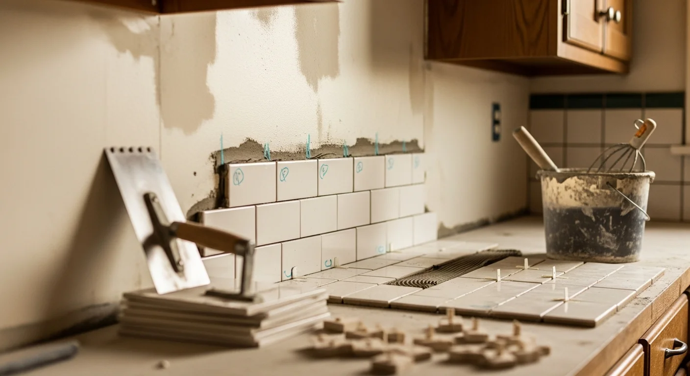 Freshly installed tile backsplash in a Tacoma kitchen, showing clean grout lines and even tile placement behind the stove and along the countertop. The kitchen reflects a style typical of updated Tacoma homes, with a mix of practical layout and finished detailing.
