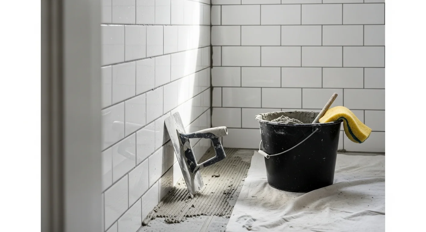 Close-up of freshly grouted ceramic floor tile in a Tacoma bathroom, showing clean, even grout lines between tiles after professional regrouting service. The sealed joints show no staining or cracking, with consistent color throughout the surface.