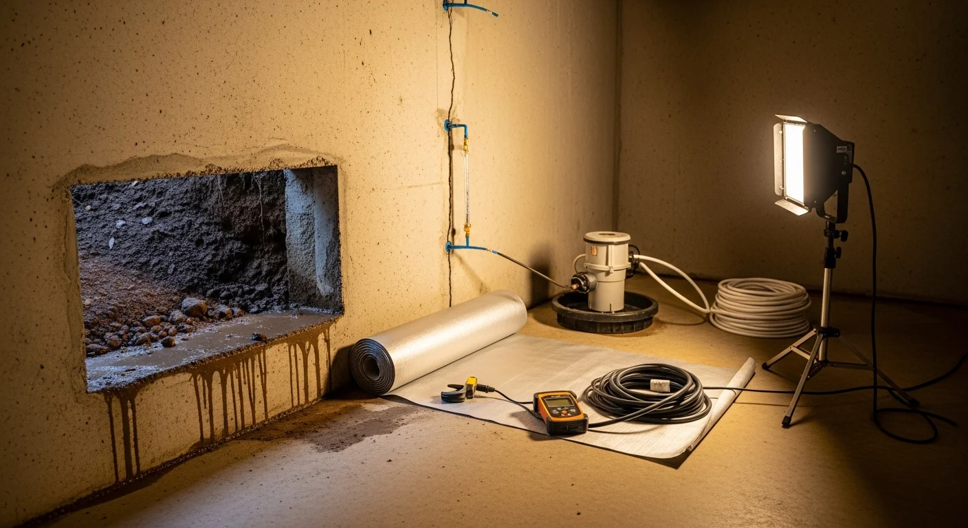 A dry, sealed basement interior in a Tacoma home after waterproofing work, showing clean concrete walls with a vapor barrier installed along the foundation. The crawl space access area is visible in the background, free of standing water or moisture staining.